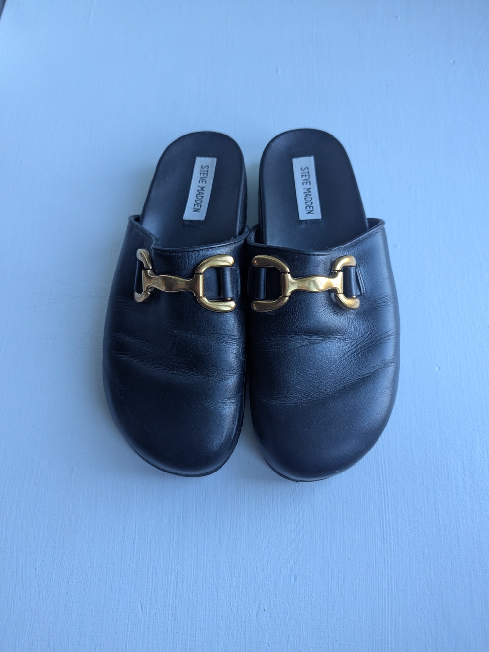 Steve Madden Black Leather Slip-On Mules with Gold Buckle